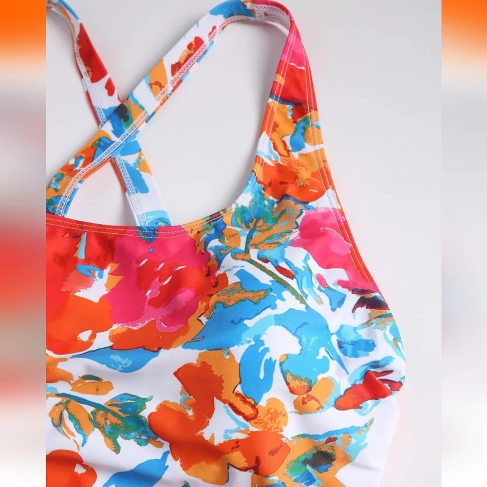 Zaful Floral One Piece Swimsuit - Red and Blue